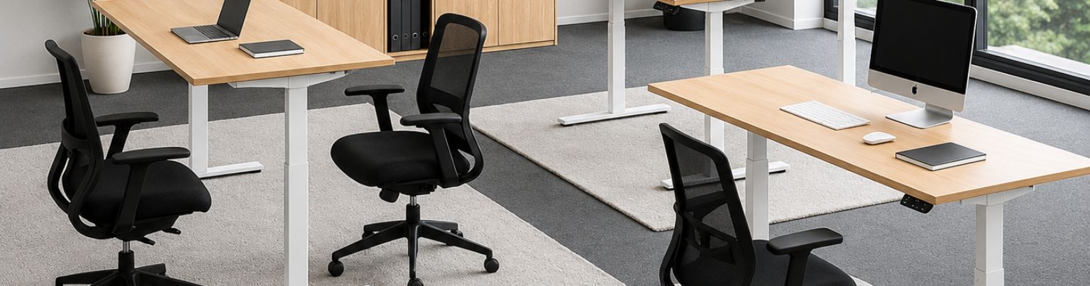 Oficina moderna con escritorios elevables, sillas ergonómicas y luz natural.
